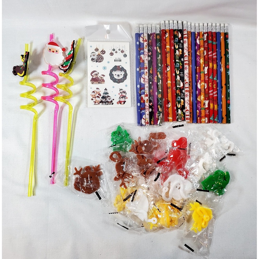 Christmas Craft/Party Favor Lot ● Holiday Pencils, Tattoos, Straws & Sticky Hand
